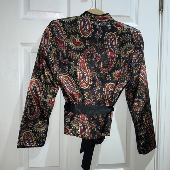 MSK paisley satin cropped jacket Sz SP satin ribbon sash covered buttons - Picture 7 of 9